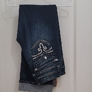 Rock Revival Dark Blue Boot Cut Jeans with Embroidered Design